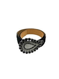 ETRO Large Pasley Black Rhinestone Embossed Leather Statement Belt Italy - 24 Wishes Vintage Jewelry