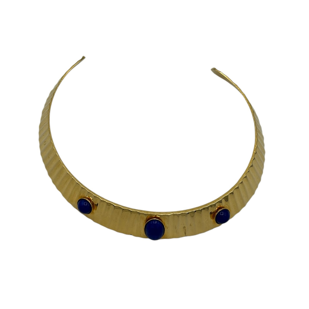 Vintage Gold Brass Choker with Blue Glass Cabochon Accents