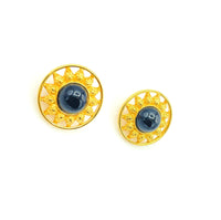 Fendi Gold Black Cabochon Round Sun Vintage Pierced Earrings - 24 Wishes Vintage Jewelry