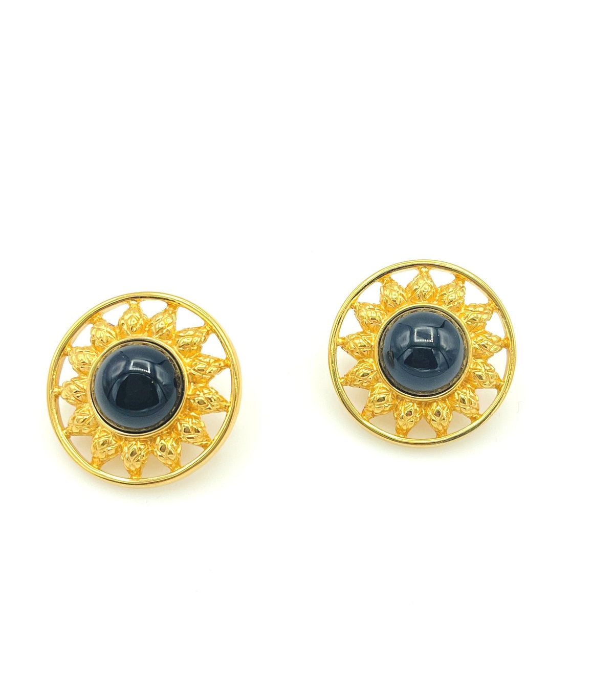 Fendi Gold Black Cabochon Round Sun Vintage Pierced Earrings - 24 Wishes Vintage Jewelry