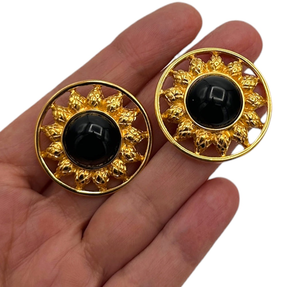 EarringsFendi Gold Black Cabochon Sunburst Round Pierced Earrings