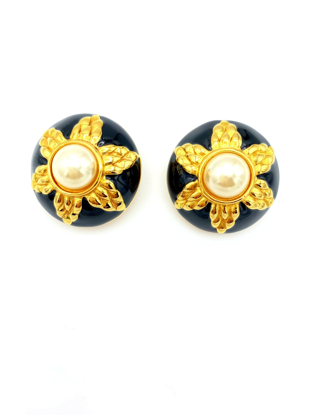 Fendi Gold Large Round Pearl & Black Enamel Vintage Clip - On Earrings - 24 Wishes Vintage Jewelry