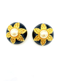 Fendi Gold Large Round Pearl & Black Enamel Vintage Clip - On Earrings - 24 Wishes Vintage Jewelry