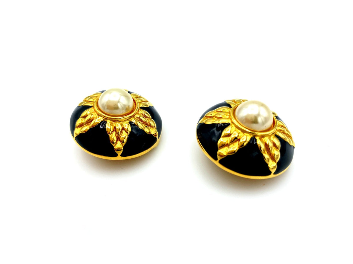 Fendi Gold Large Round Pearl & Black Enamel Vintage Clip - On Earrings - 24 Wishes Vintage Jewelry