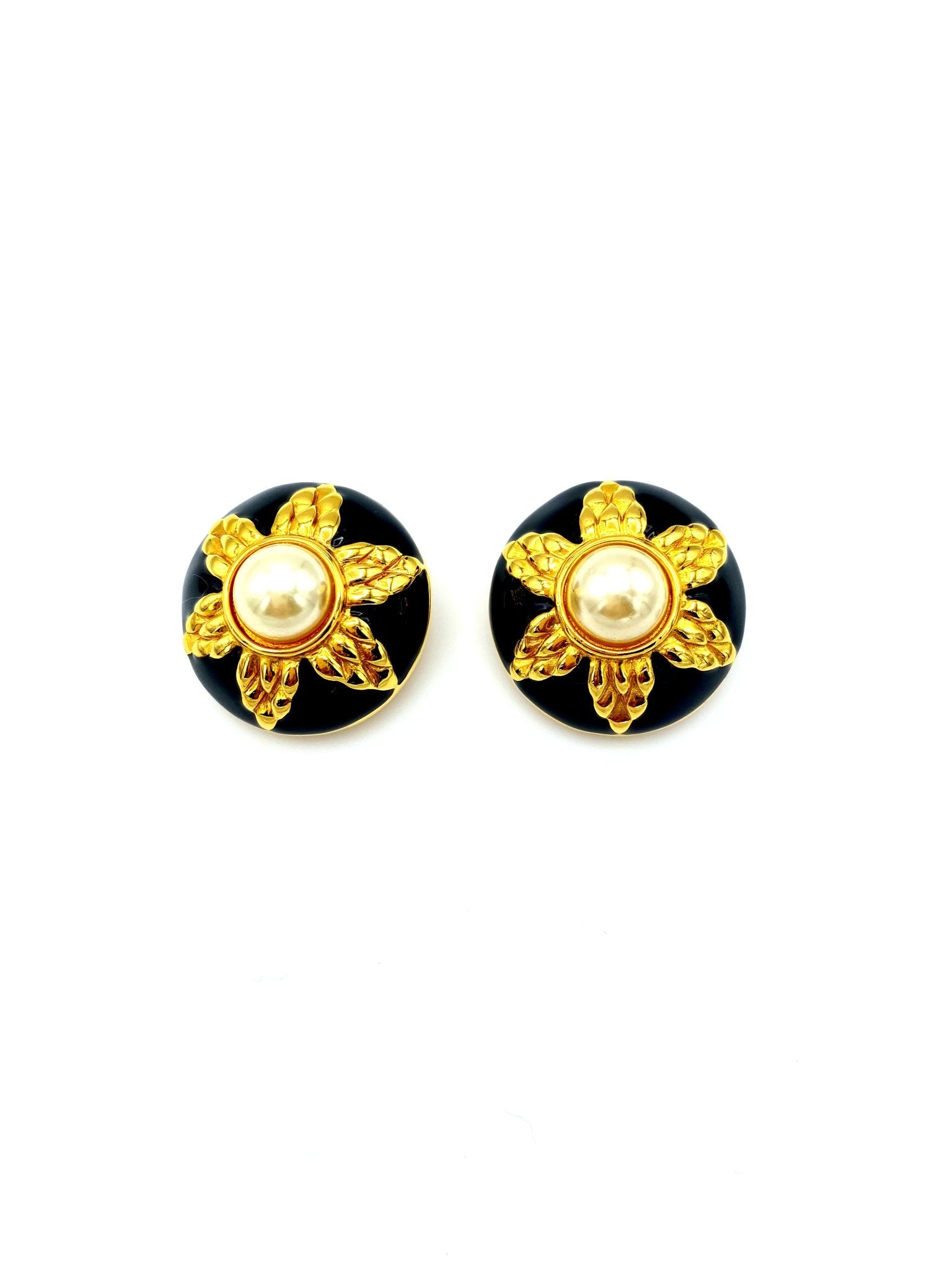 Fendi Gold Large Round Pearl Black Enamel Vintage Clip On Earrings