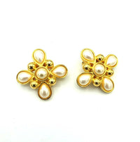 Fendi Gold Pearl Maltese Cross Vintage Clip - On Earrings - 24 Wishes Vintage Jewelry