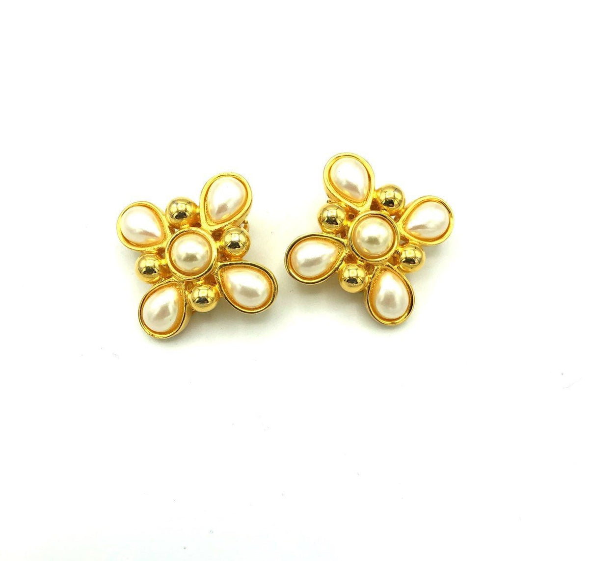 Fendi Gold Pearl Maltese Cross Vintage Clip - On Earrings - 24 Wishes Vintage Jewelry