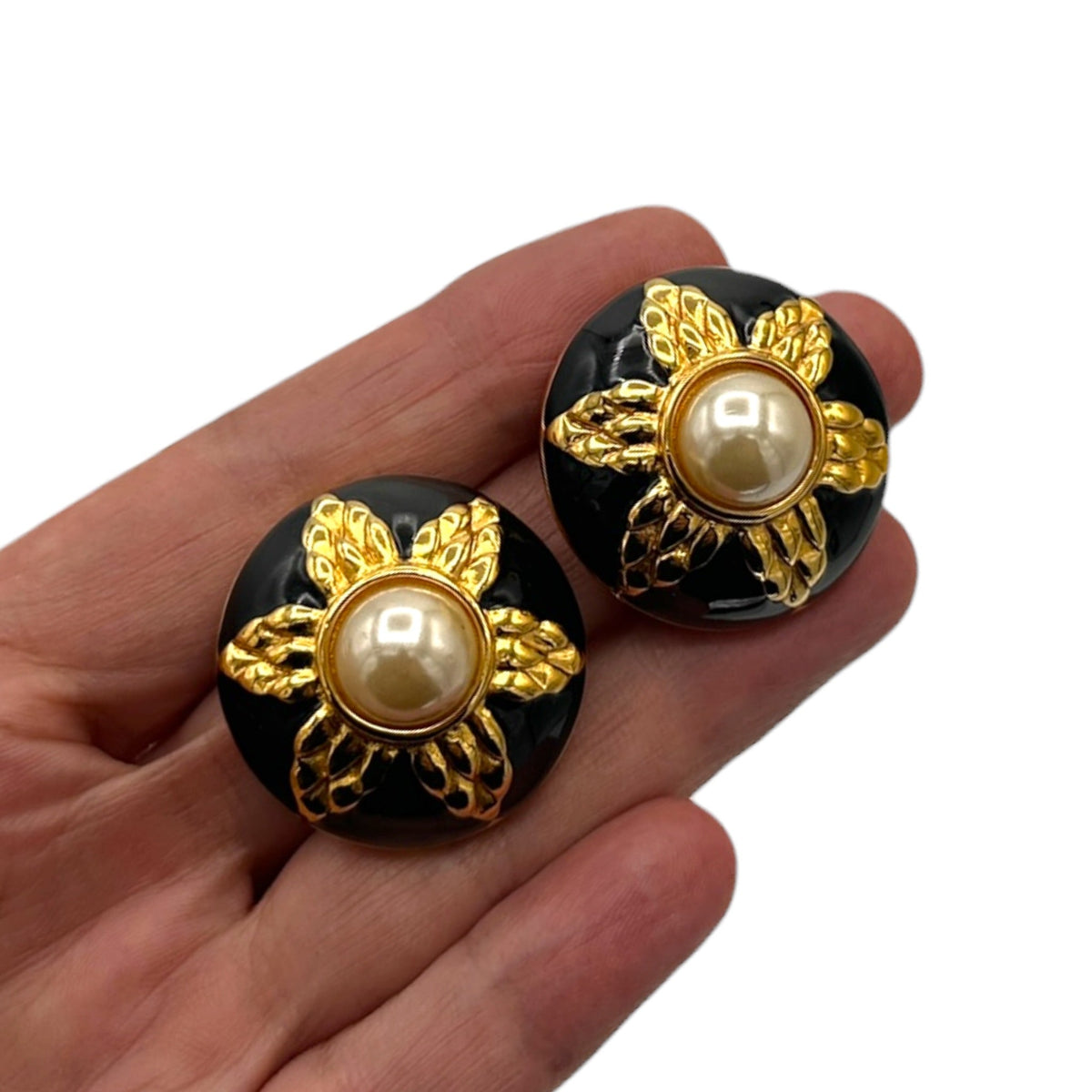 EarringsFendi Gold Round Pearl & Black Enamel Large Vintage Clip - On Earrings