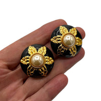 EarringsFendi Gold Round Pearl & Black Enamel Large Vintage Clip - On Earrings