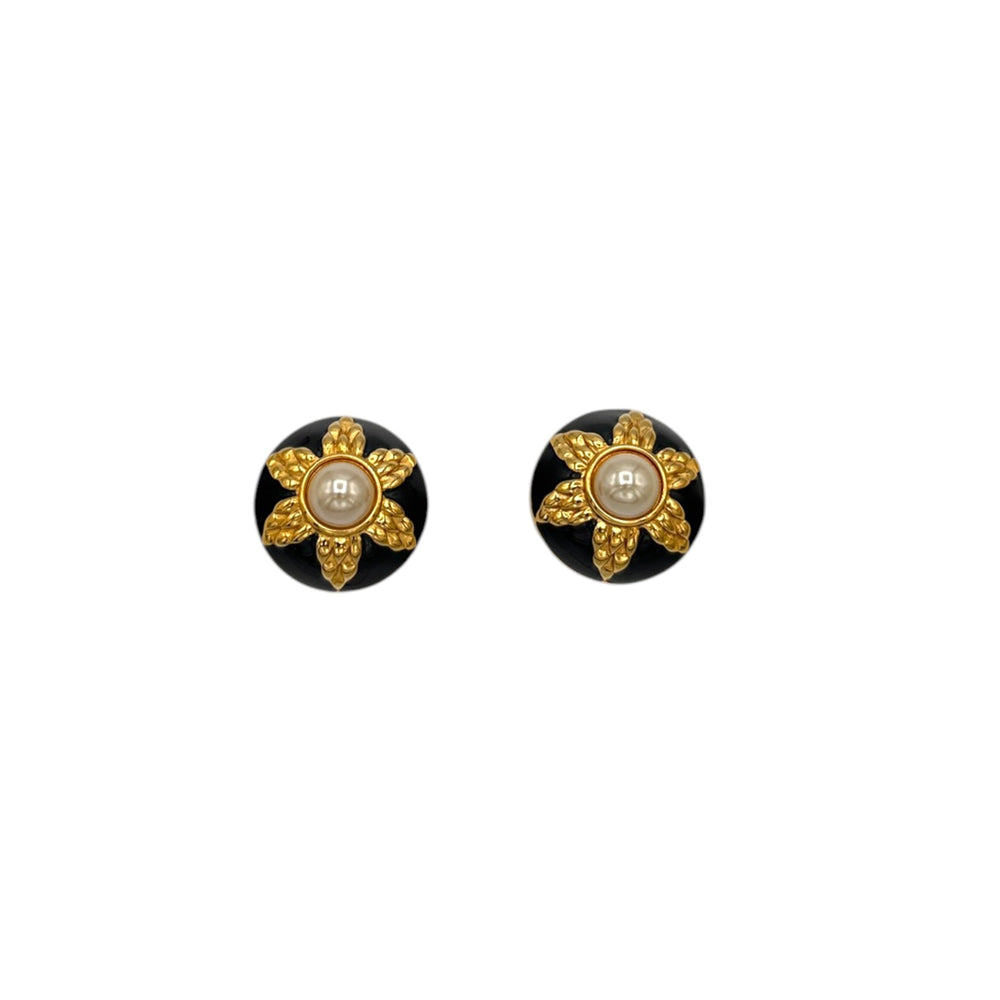 EarringsFendi Gold Round Pearl & Black Enamel Large Vintage Clip - On Earrings