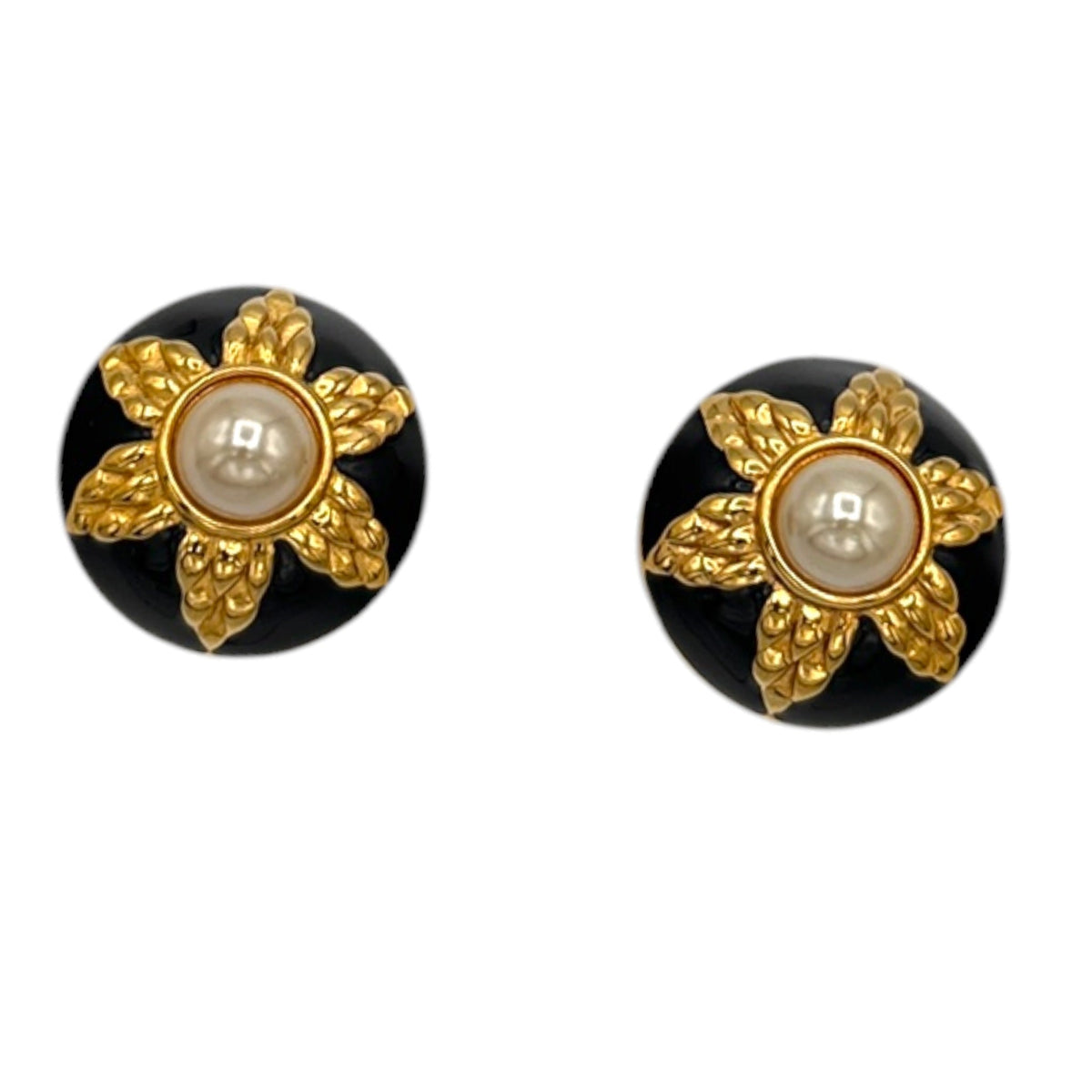 EarringsFendi Gold Round Pearl & Black Enamel Large Vintage Clip - On Earrings