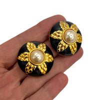 EarringsFendi Gold Round Pearl & Black Enamel Large Vintage Clip - On Earrings