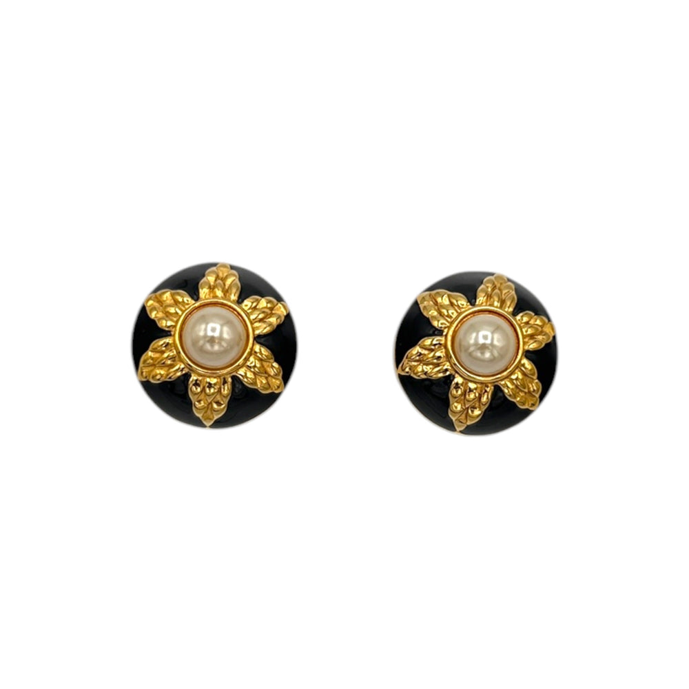 EarringsFendi Gold Round Pearl & Black Enamel Large Vintage Clip - On Earrings