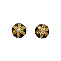 EarringsFendi Gold Round Pearl & Black Enamel Large Vintage Clip - On Earrings