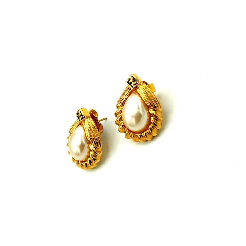 Fendi Gold Teardrop Pearl Vintage Logo Pierced Earrings - 24 Wishes Vintage Jewelry