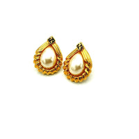 Fendi Gold Teardrop Pearl Vintage Logo Pierced Earrings - 24 Wishes Vintage Jewelry