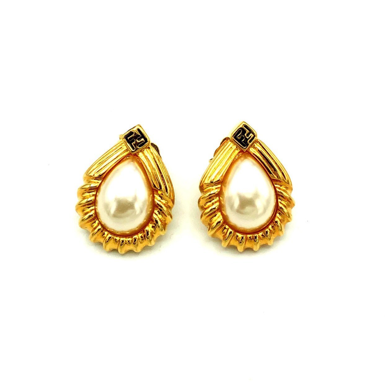 Fendi Gold Teardrop Pearl Vintage Logo Pierced Earrings – 24