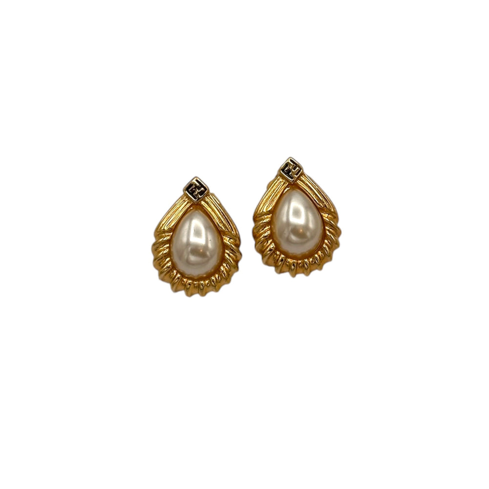 EarringsFendi Gold Teardrop Pearl Vintage Logo Pierced Earrings