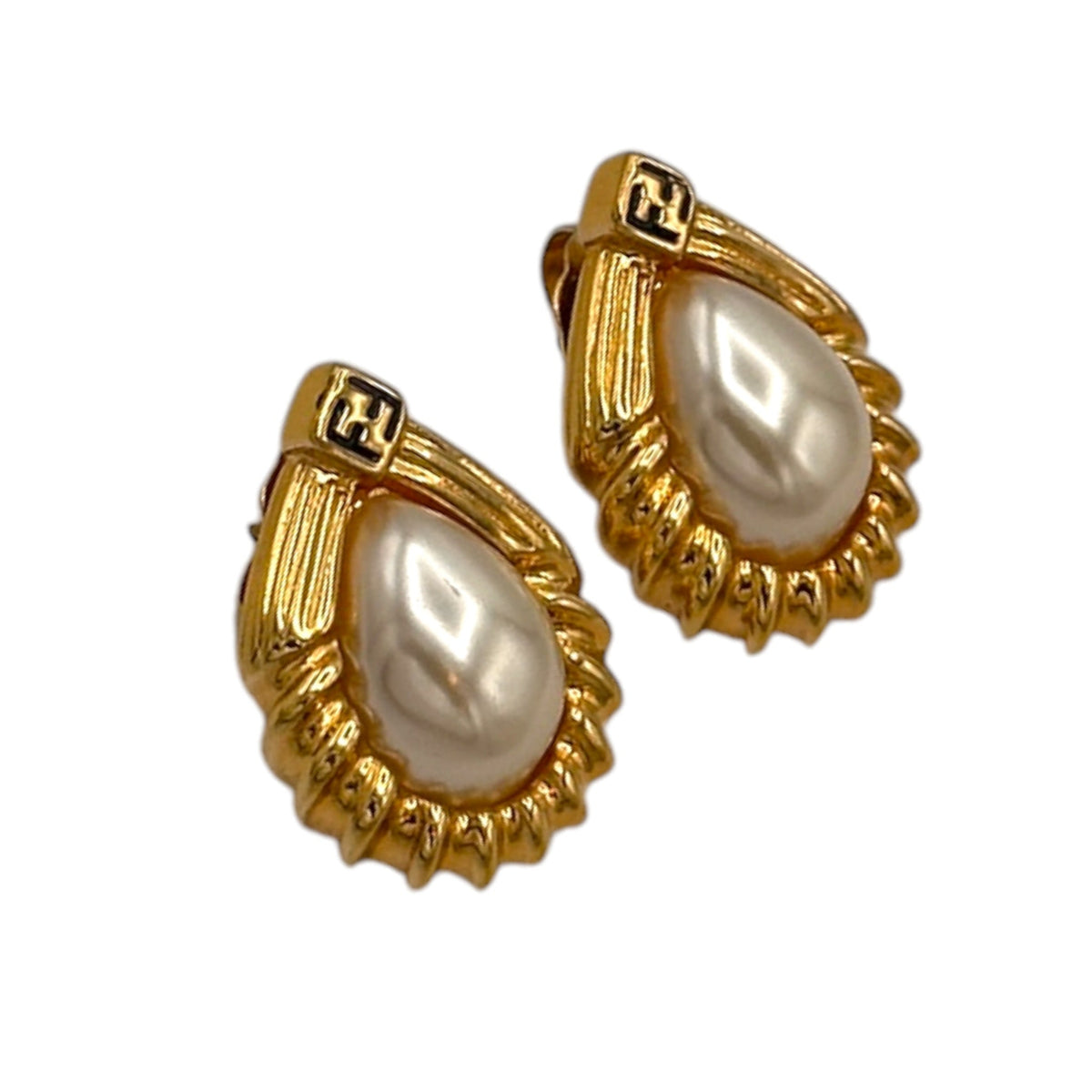 EarringsFendi Gold Teardrop Pearl Vintage Logo Pierced Earrings