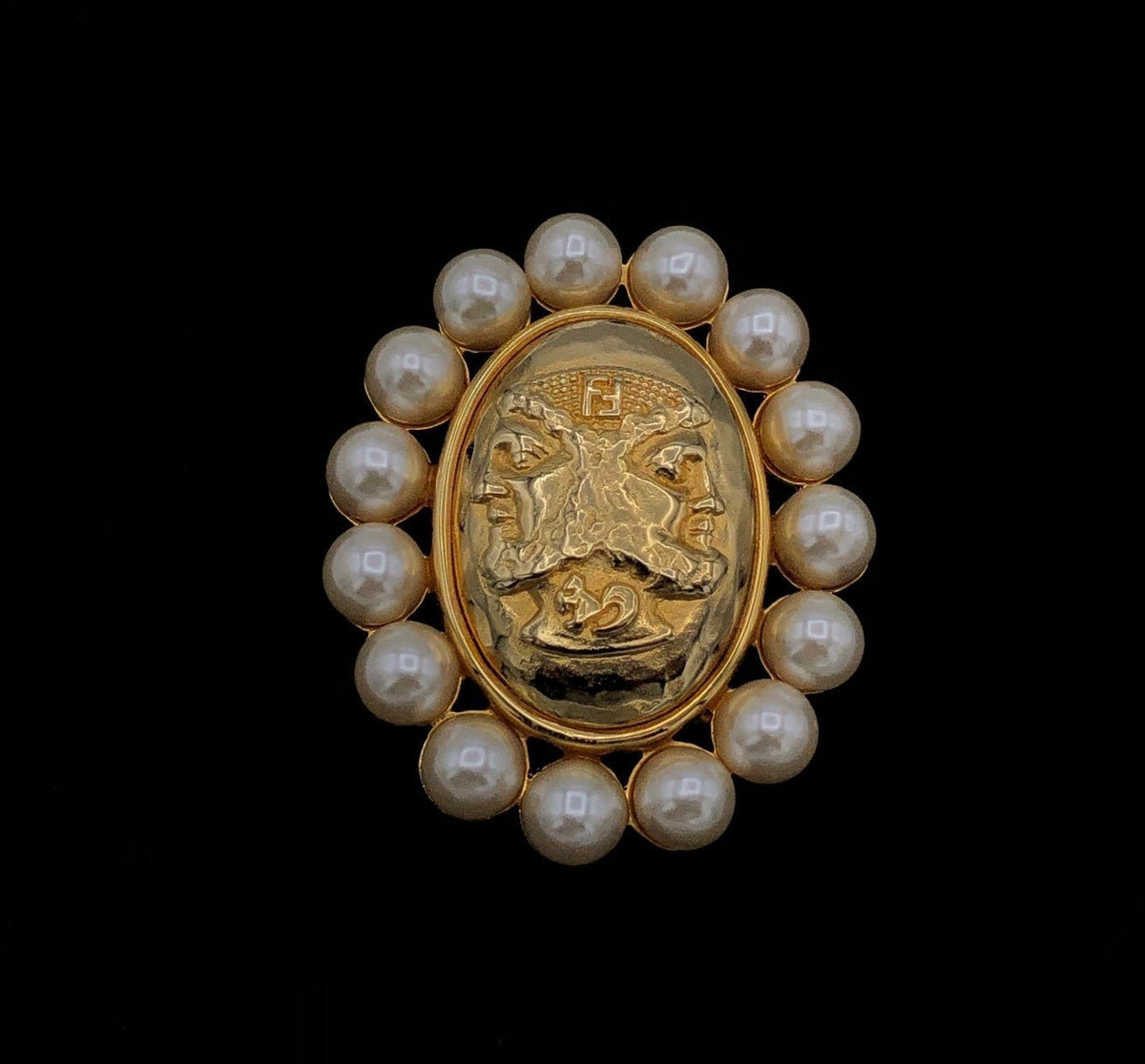 Fendi Iconic Two Sided Bacchus Dionysus Gold & Pearl Vintage Brooch - 24 Wishes Vintage Jewelry