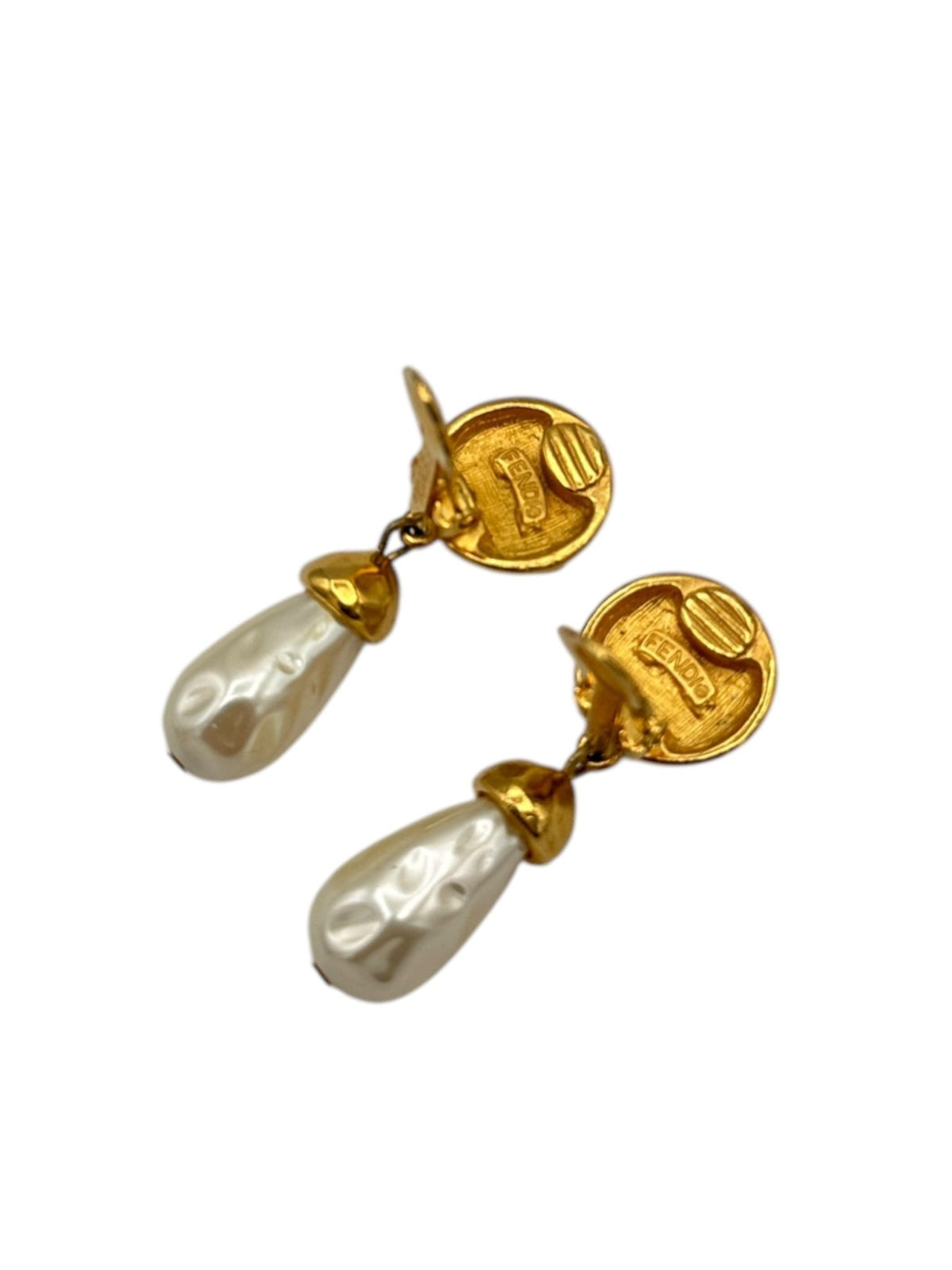 Fendi Logo Pearl Dangle Vintage Gold Clip - On Earrings - 24 Wishes Vintage Jewelry