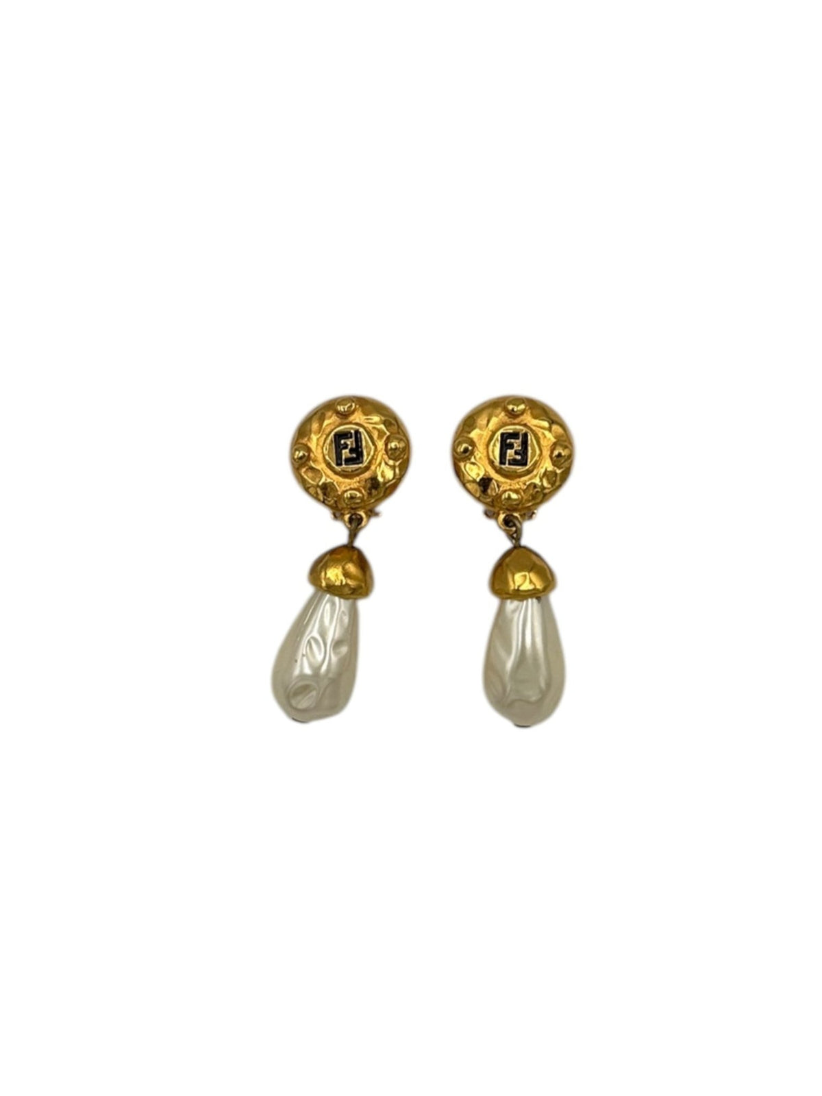 Fendi Logo Pearl Dangle Vintage Gold Clip - On Earrings - 24 Wishes Vintage Jewelry