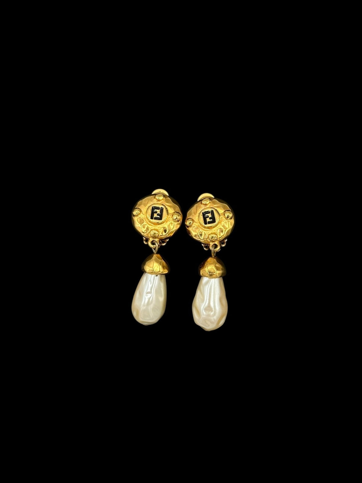 Fendi Logo Pearl Dangle Vintage Gold Clip - On Earrings - 24 Wishes Vintage Jewelry