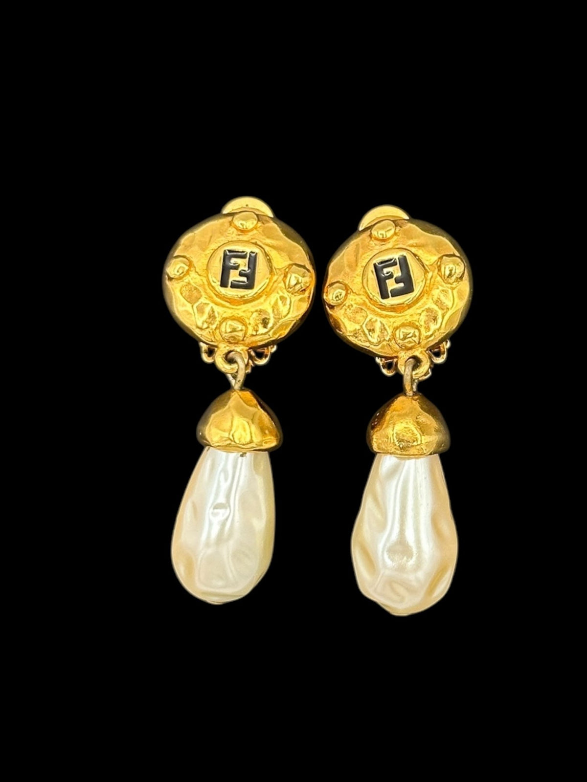 Fendi Logo Pearl Dangle Vintage Gold Clip - On Earrings - 24 Wishes Vintage Jewelry