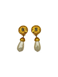 Fendi Logo Pearl Dangle Vintage Gold Clip - On Earrings - 24 Wishes Vintage Jewelry