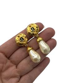 Fendi Logo Pearl Dangle Vintage Gold Clip - On Earrings - 24 Wishes Vintage Jewelry