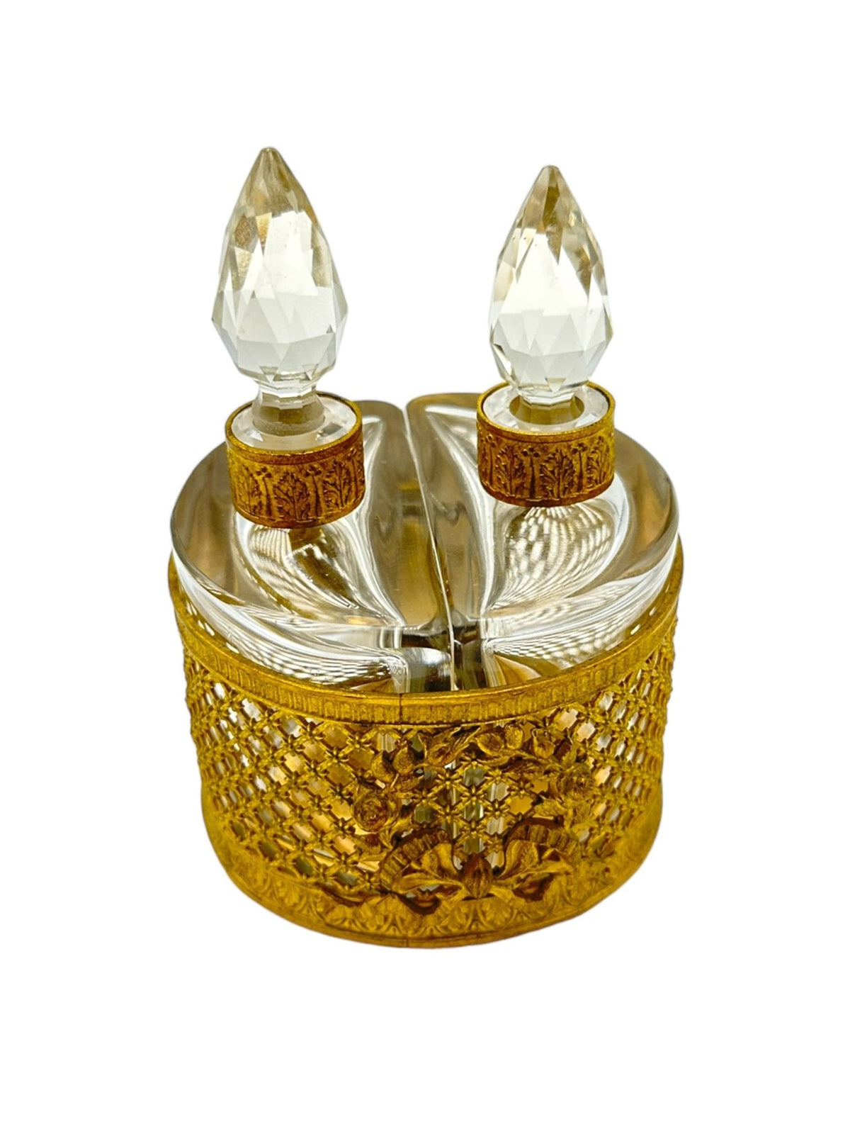 French Pair Crystal Perfume Bottle Floral Gold Ormolu Caddy - 24 Wishes Vintage Jewelry