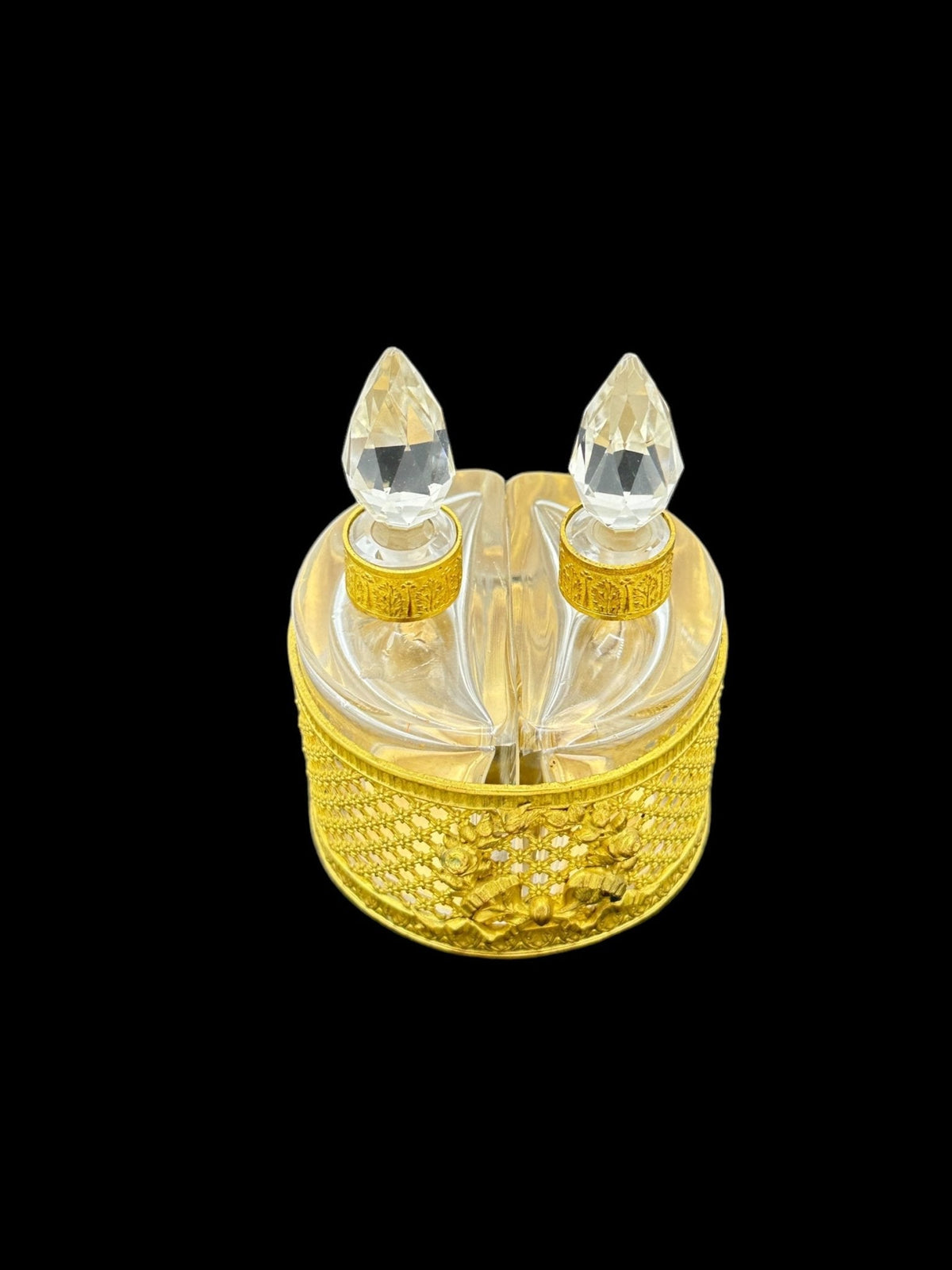 French Pair Crystal Perfume Bottle Floral Gold Ormolu Caddy - 24 Wishes Vintage Jewelry