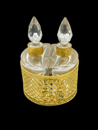 French Pair Crystal Perfume Bottle Floral Gold Ormolu Caddy - 24 Wishes Vintage Jewelry