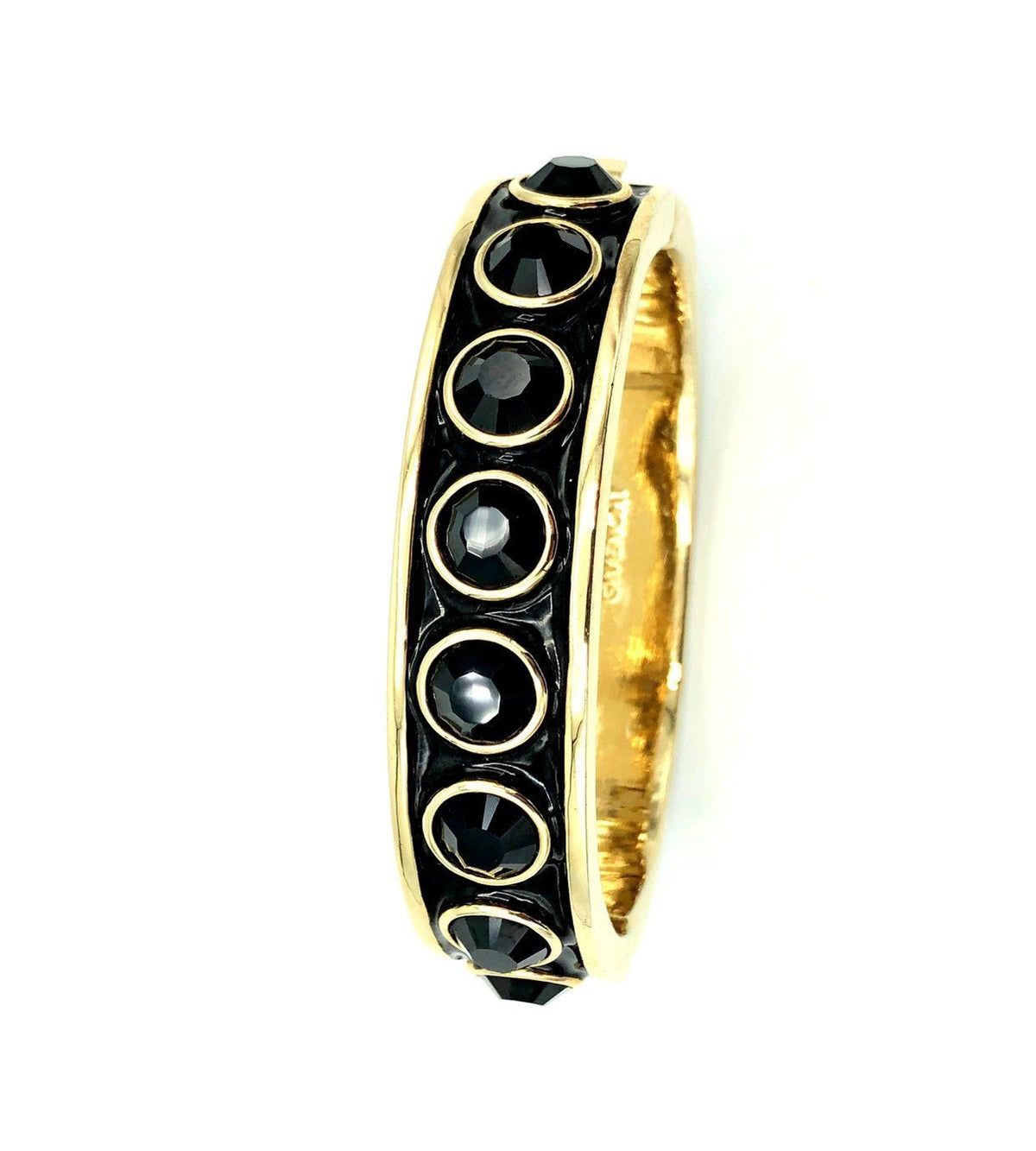 Givenchy Black Enamel & Rhinestone Vintage Hinged Bangle Bracelet - 24 Wishes Vintage Jewelry