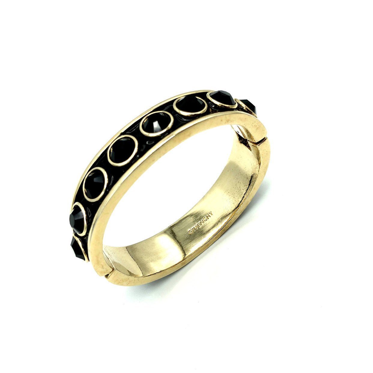 Givenchy Black Enamel & Rhinestone Vintage Hinged Bangle Bracelet