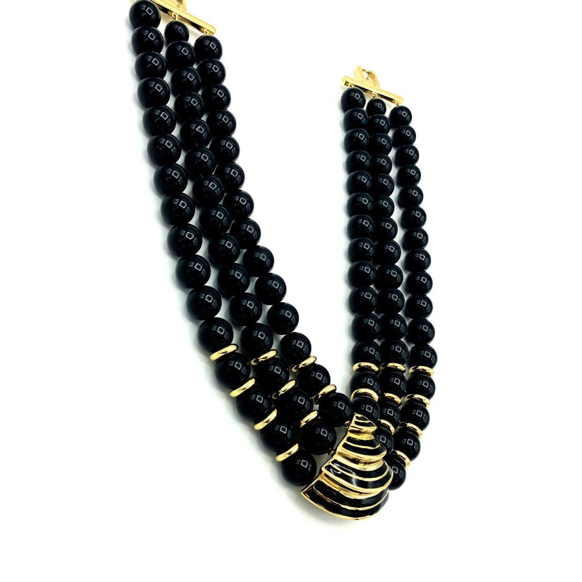 Givenchy Black Lucite Three Bead Strand Modernist Vintage Pendant - 24 Wishes Vintage Jewelry