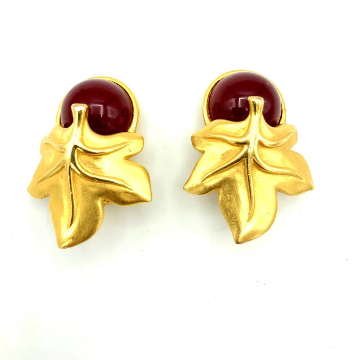 Givenchy Brush Gold Leaf Red Berry Cabochon Vintage Clip - On Earrings - 24 Wishes Vintage Jewelry