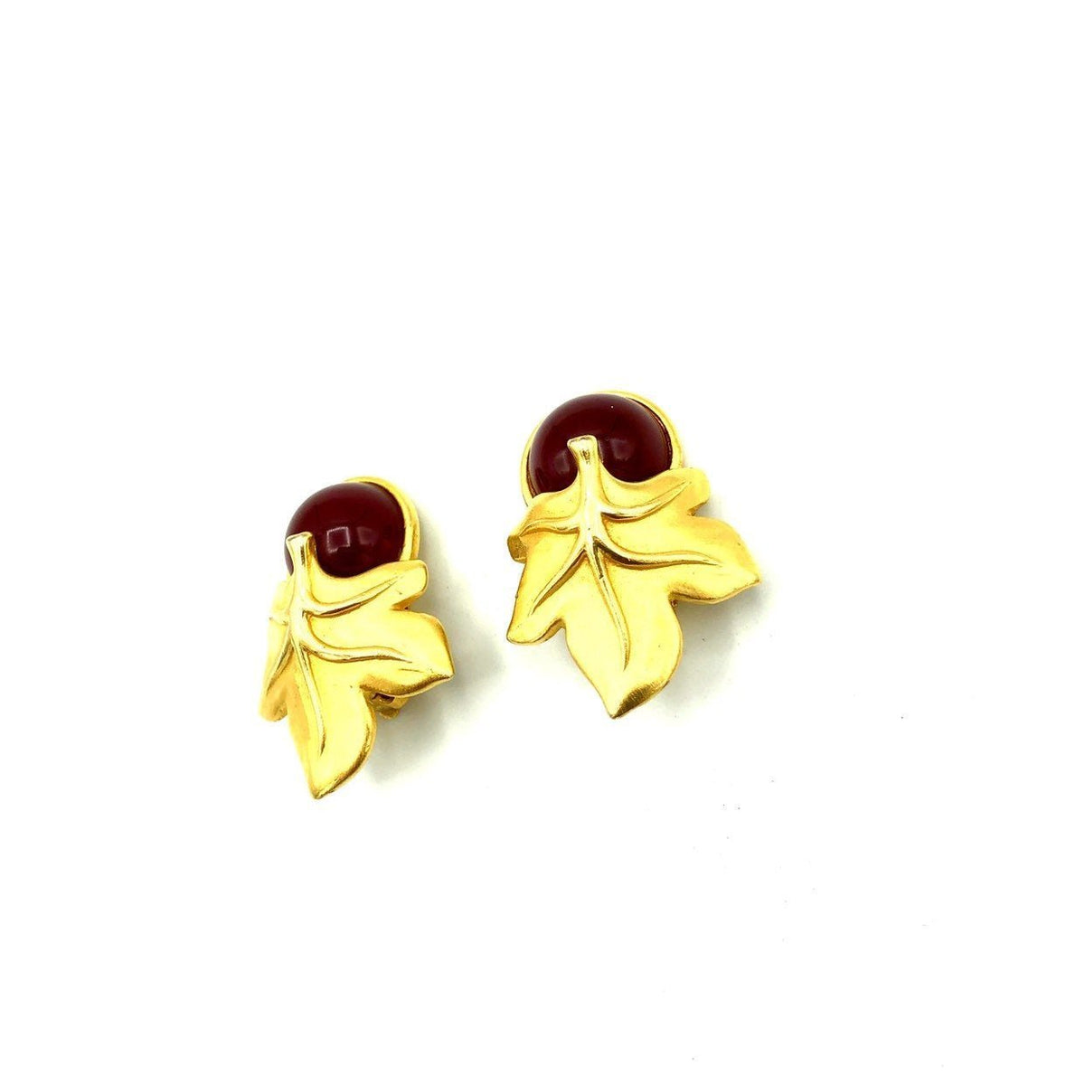 Givenchy Brush Gold Leaf Red Berry Cabochon Vintage Clip - On Earrings - 24 Wishes Vintage Jewelry