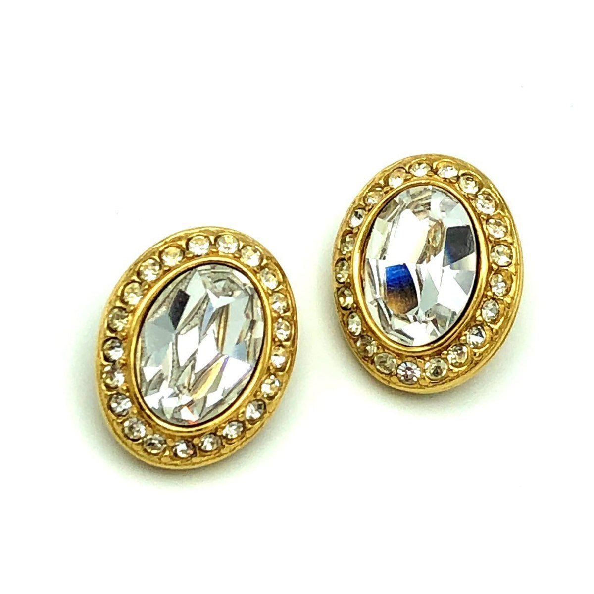 Givenchy Gold Classic Oval Rhinestone Vintage Clip - On Earrings - 24 Wishes Vintage Jewelry