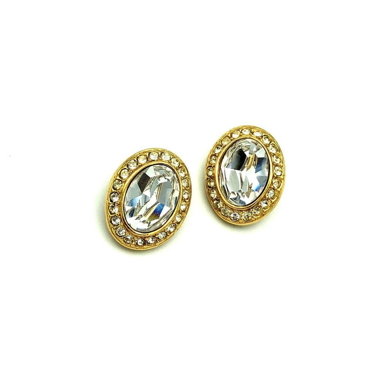 Givenchy Gold Classic Oval Rhinestone Vintage Clip - On Earrings - 24 Wishes Vintage Jewelry