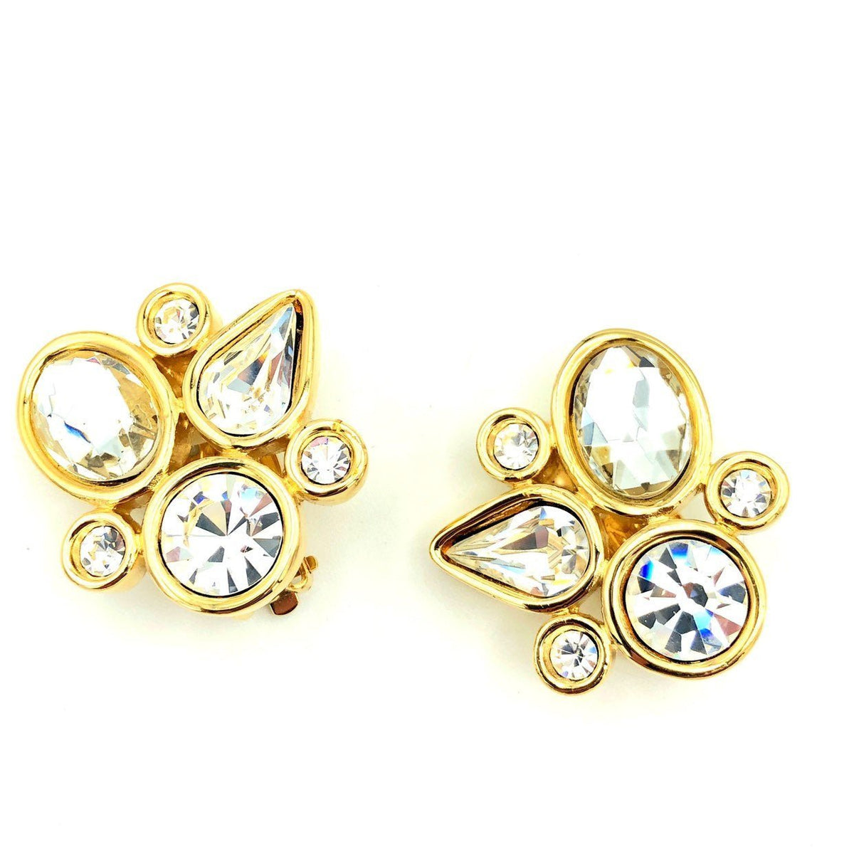 Givenchy Gold Geometric Rhinestone Vintage Clip - On Earrings - 24 Wishes Vintage Jewelry