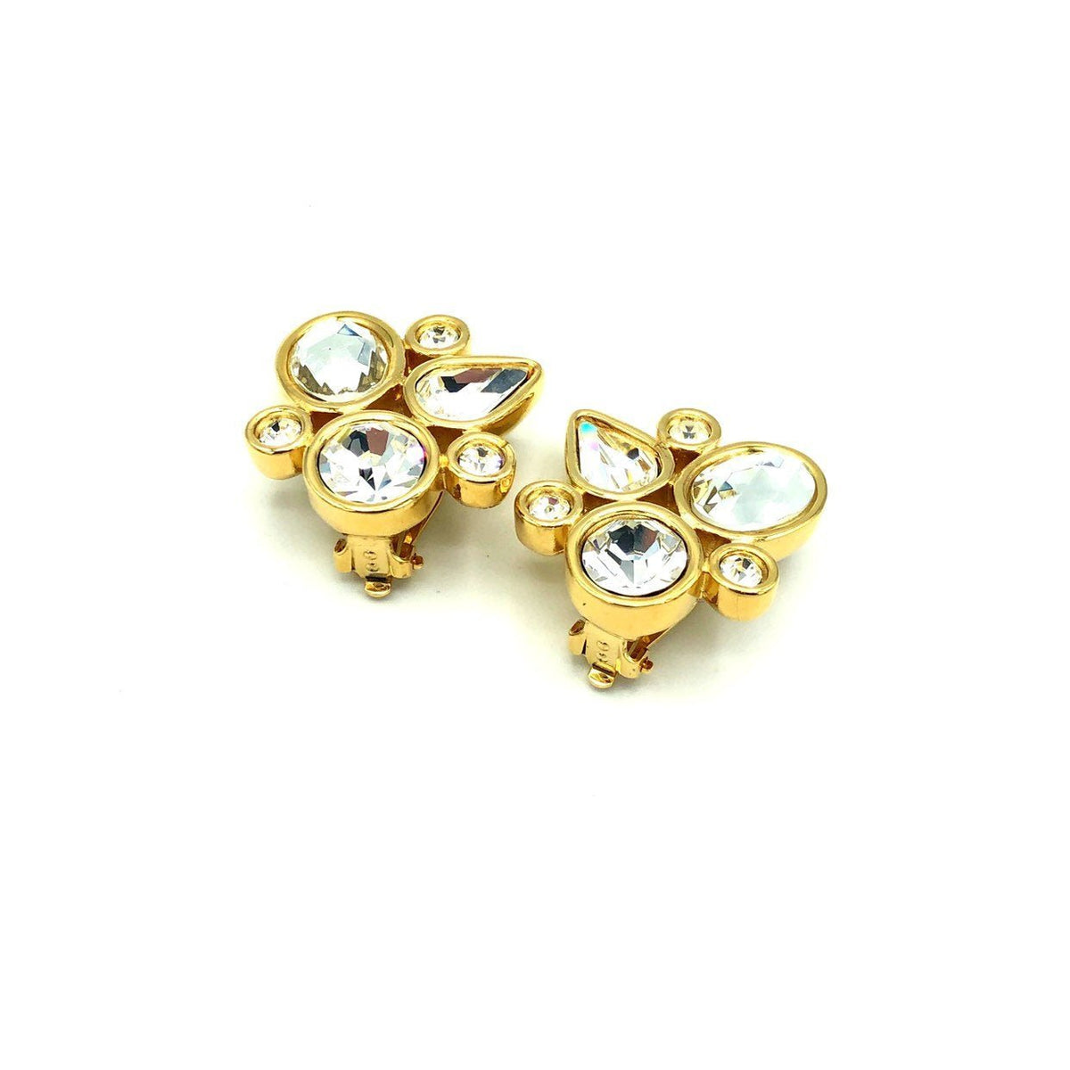 Givenchy Gold Geometric Rhinestone Vintage Clip - On Earrings - 24 Wishes Vintage Jewelry