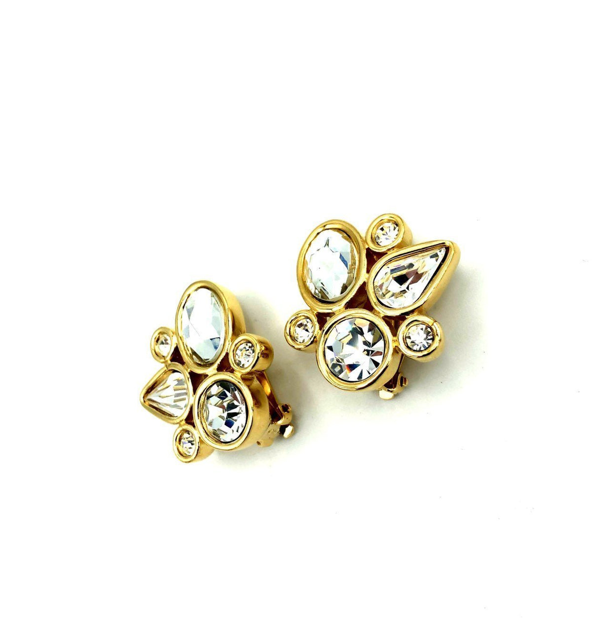 Givenchy Gold Geometric Rhinestone Vintage Clip - On Earrings - 24 Wishes Vintage Jewelry