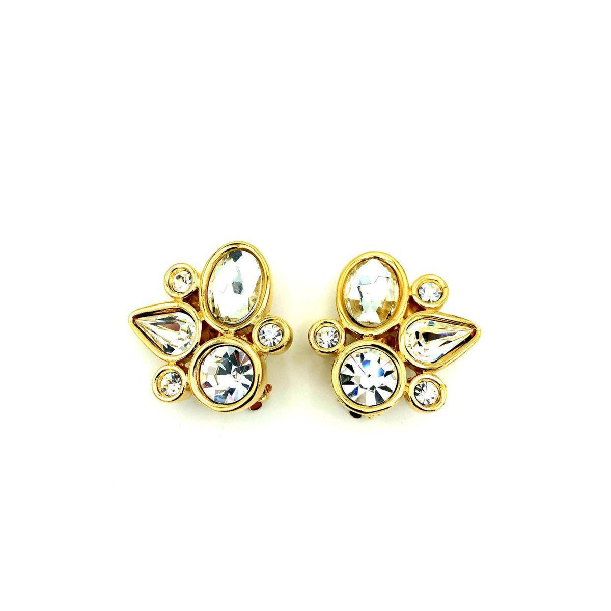 Givenchy Gold Geometric Rhinestone Vintage Clip - On Earrings - 24 Wishes Vintage Jewelry