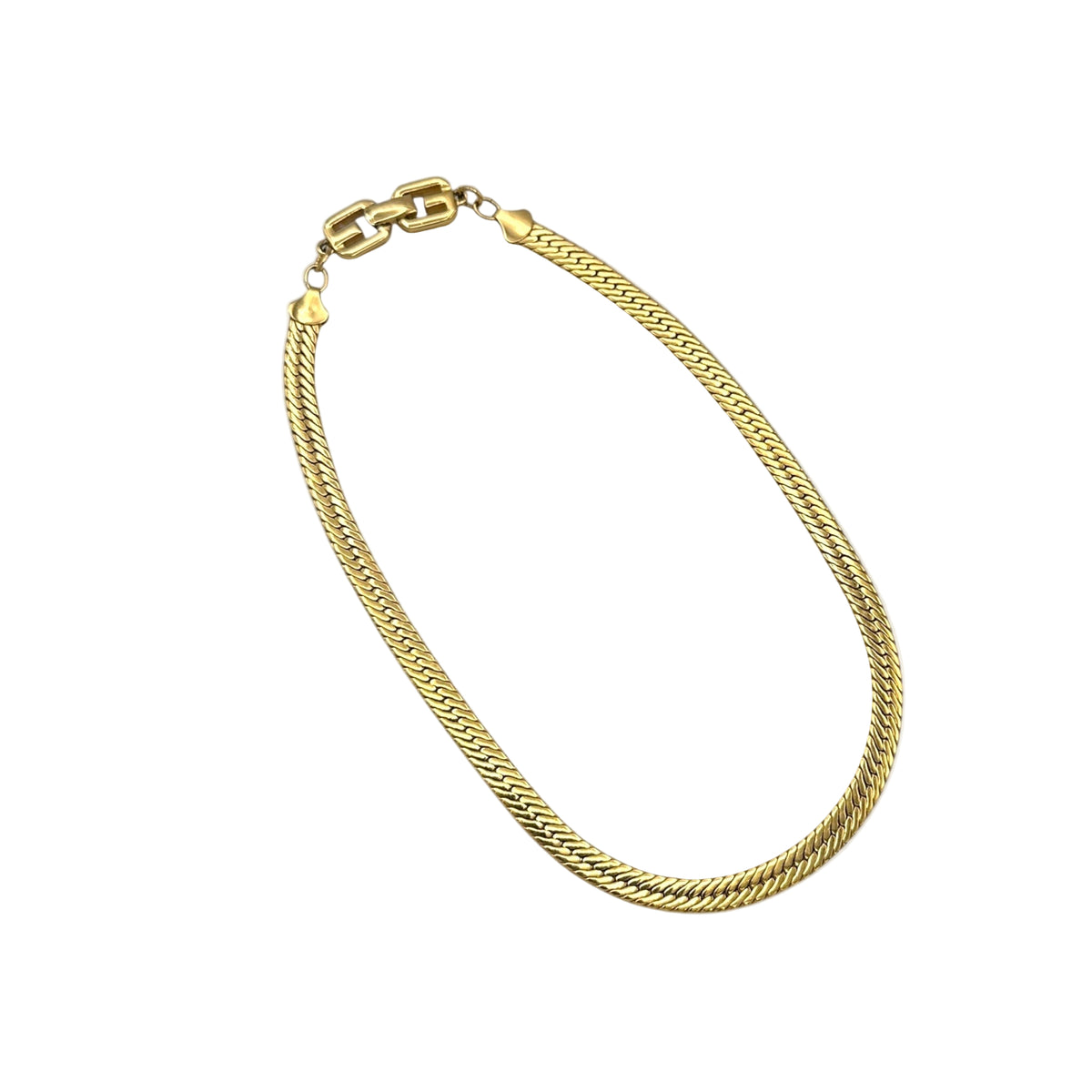 Givenchy Gold Herringbone Chain Vintage Necklace on white background.
