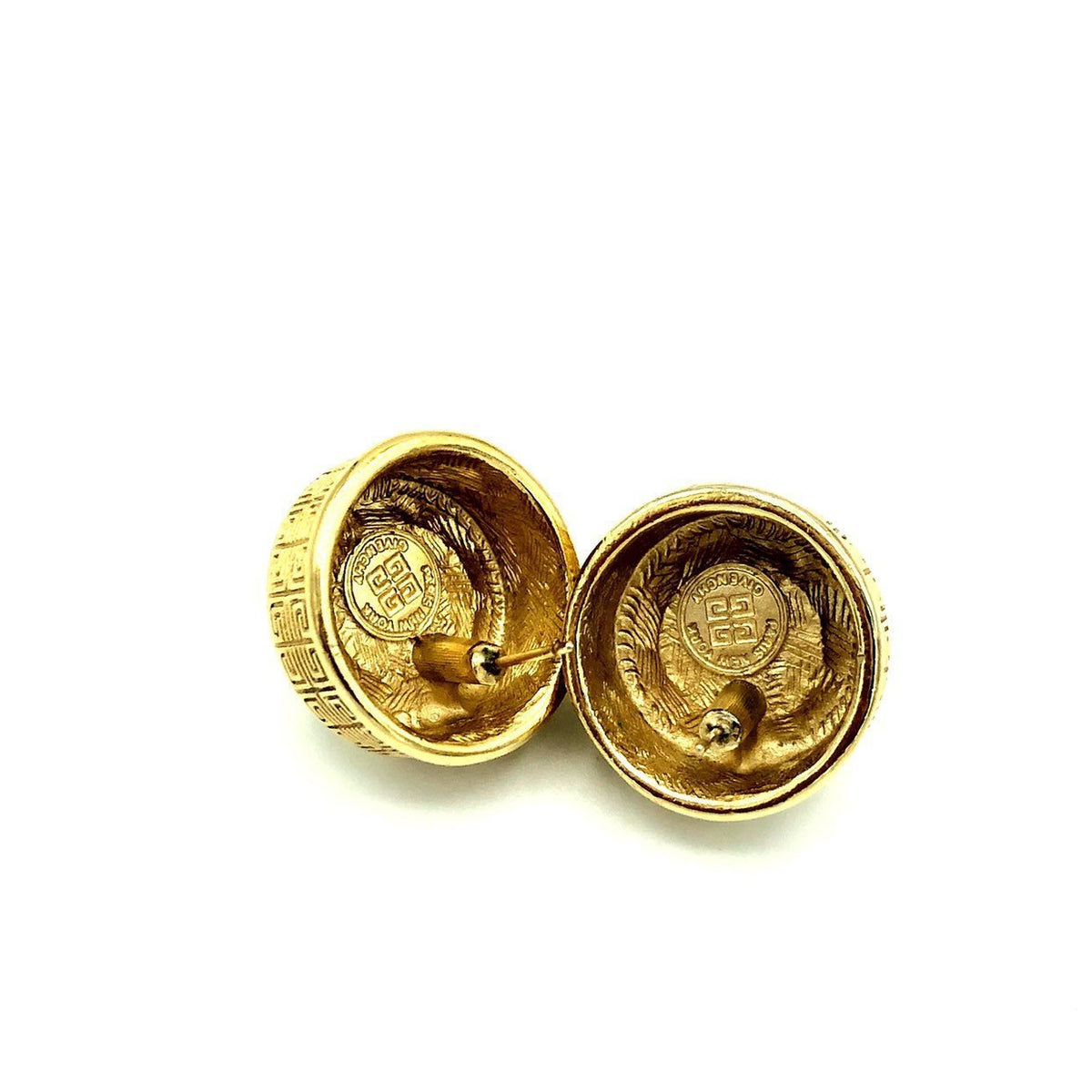 Givenchy Gold Round Pearl Logo Vintage Pierced Earrings - 24 Wishes Vintage Jewelry