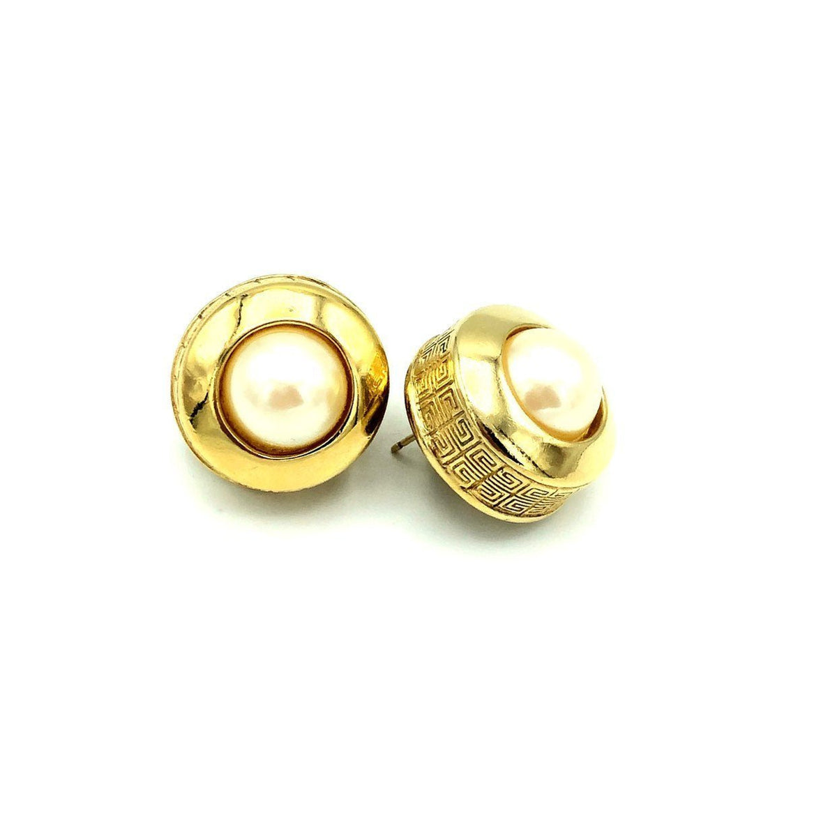 Givenchy Gold Round Pearl Logo Vintage Pierced Earrings - 24 Wishes Vintage Jewelry