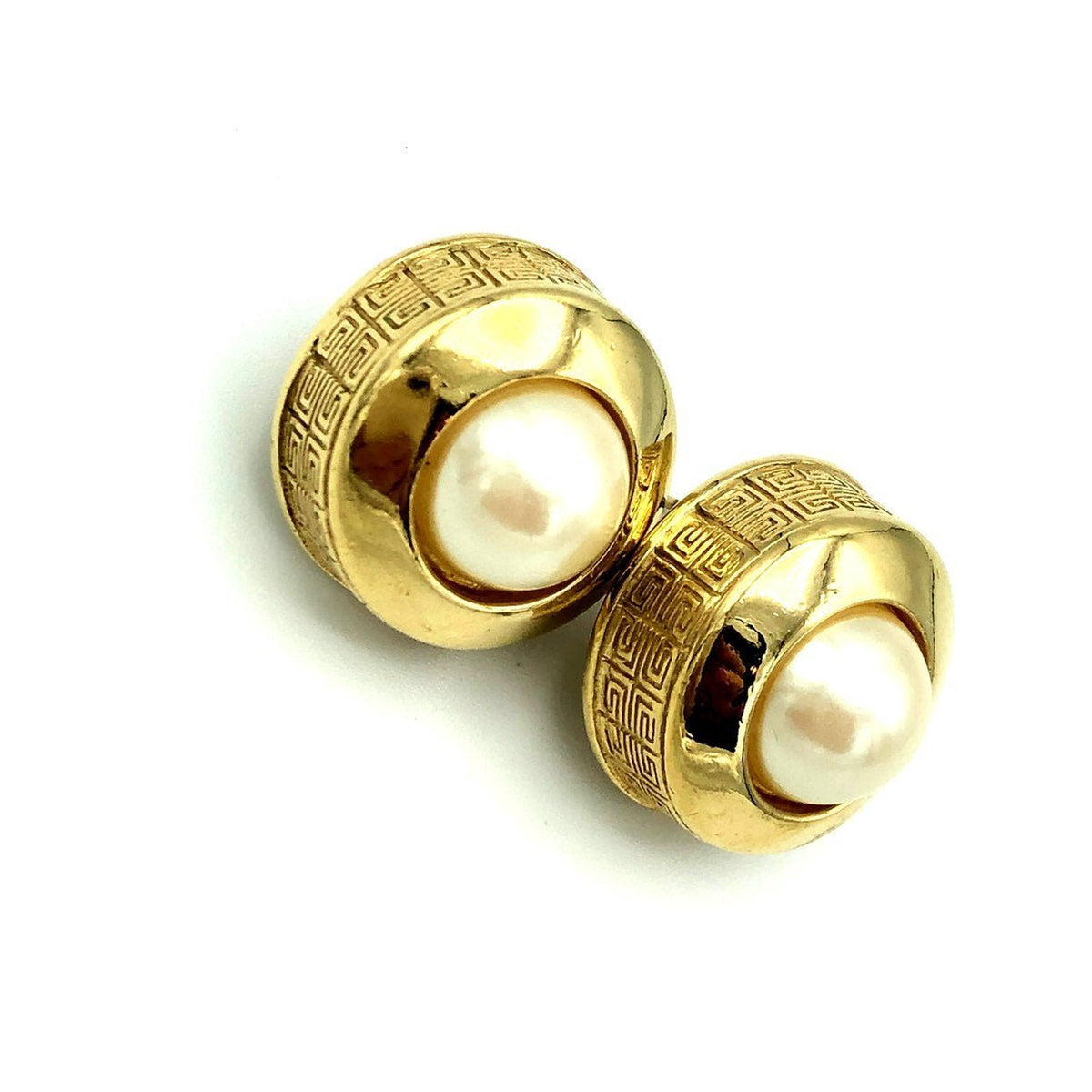 Givenchy Gold Round Pearl Logo Vintage Pierced Earrings - 24 Wishes Vintage Jewelry