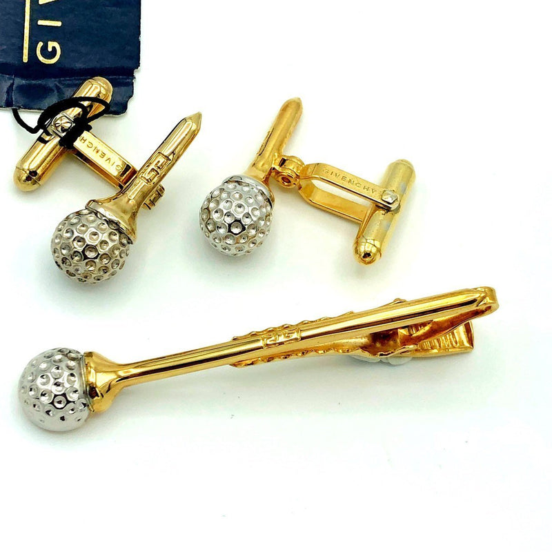 Givenchy Golf Tee & Ball Cufflinks Tie Clip - 24 Wishes Vintage Jewelry