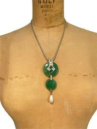 Givenchy Green Jade Art Deco Vintage Pendant with Silver Snake Chain - 24 Wishes Vintage Jewelry